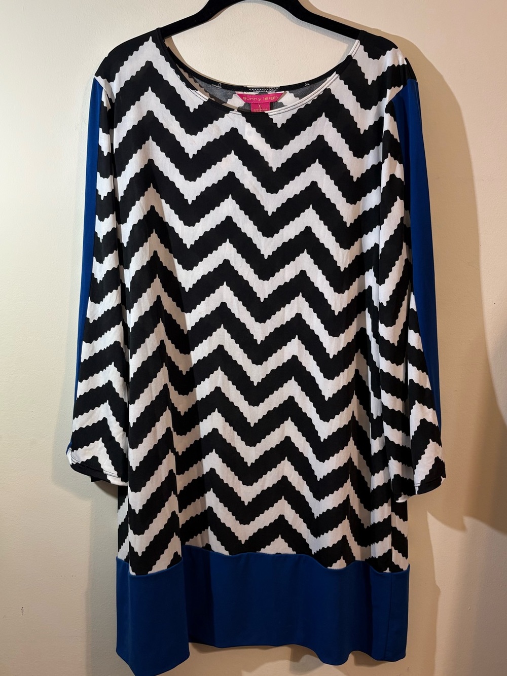 Sunny Leigh dress tunic women’s XL black white‎ chevron blue 3/4 sleeves NWT